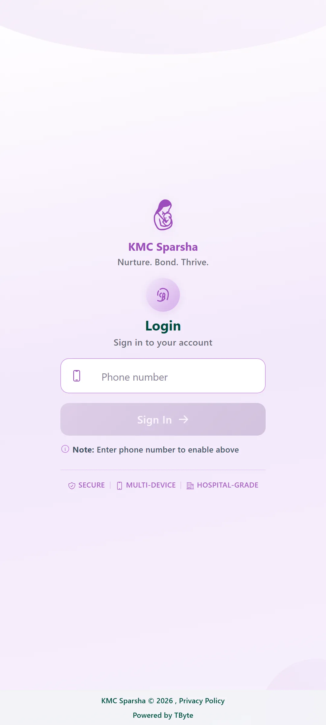 KMC Sparsha secure login screen for hospital and programme staff.