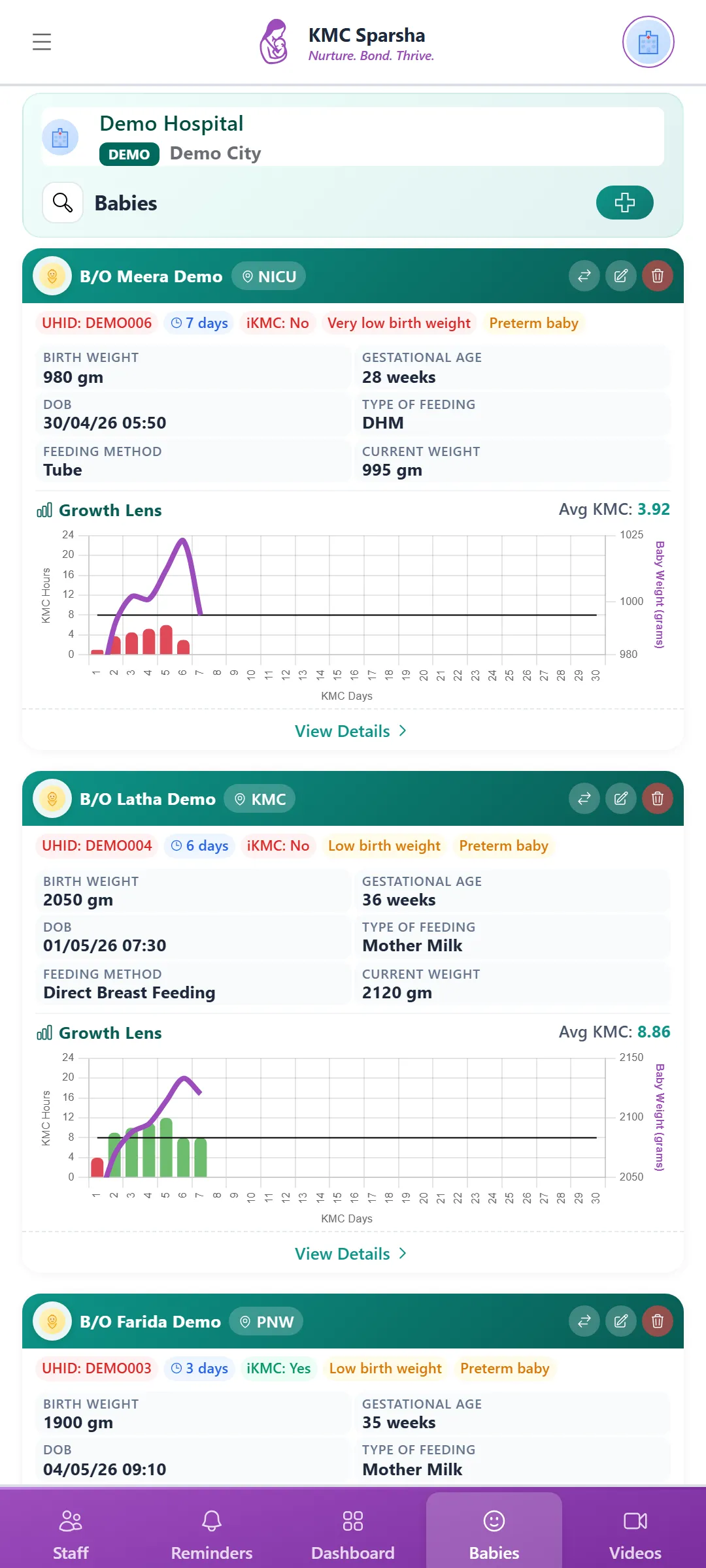 KMC Sparsha baby list with a growth view showing each baby's weight progress.