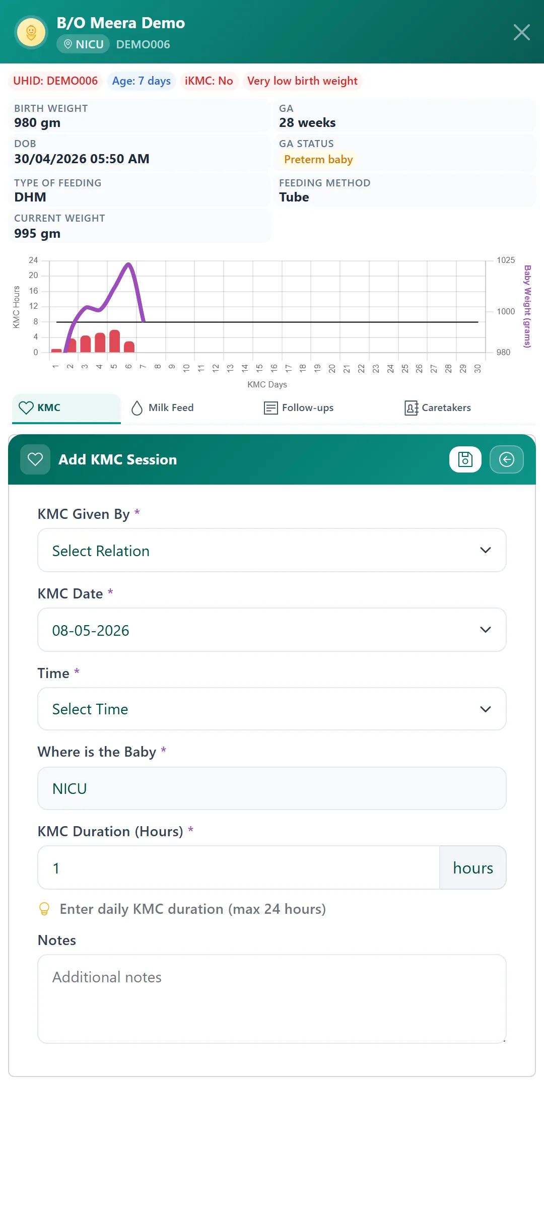 KMC Sparsha add KMC session form capturing who gave KMC, the date, time, where the baby was, duration in hours and free-text notes.