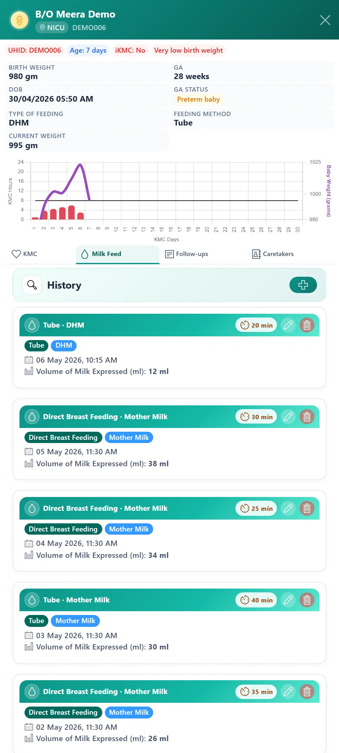 KMC Sparsha milk feed history for a baby, listing recorded feeds over time.