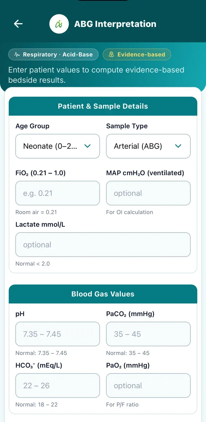 NeonatAI ABG interpretation screen with fields for age group, sample type, FiO2, MAP and lactate, plus a blood gas values section for pH, PaCO2, HCO3 and PaO2 annotated with normal ranges.
