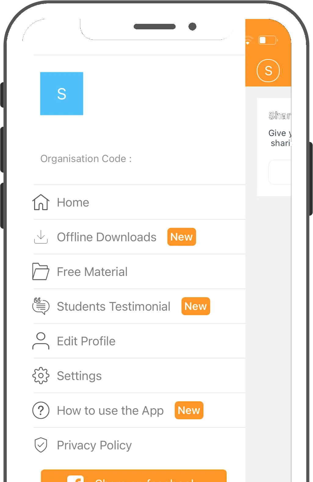Vaidhya Edu side menu listing Home, Offline Downloads, Free Material, Students Testimonial, Edit Profile, Settings, How to use the App and Privacy Policy, with an organisation code field.