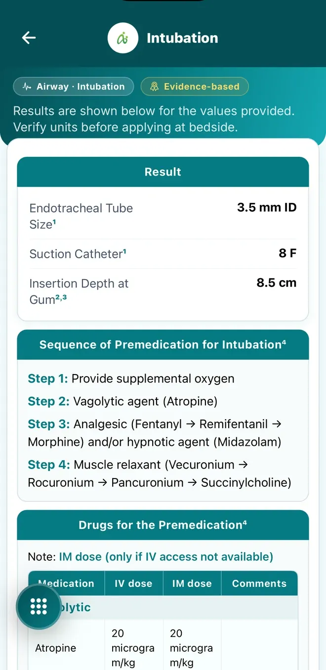 NeonatAI intubation calculator result for a 2.5 kg baby showing endotracheal tube size 3.5 mm ID, suction catheter 8 F and insertion depth at gum 8.5 cm, followed by the four-step premedication sequence and a table of premedication drugs with IV and IM doses.