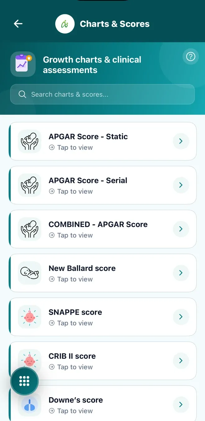 NeonatAI charts and scores screen listing static, serial and combined APGAR scores, New Ballard score, SNAPPE, CRIB II and Downe's score.