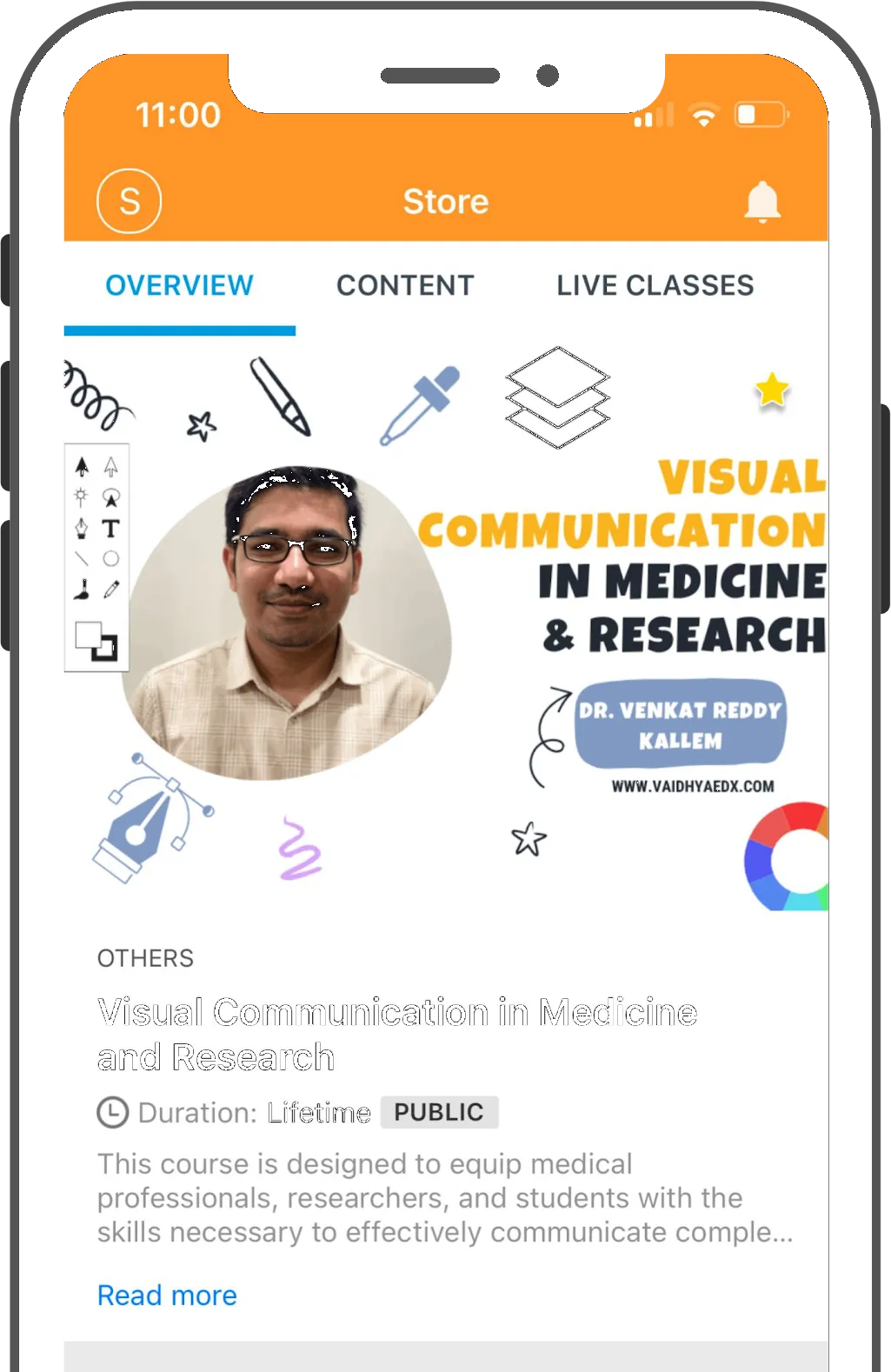Vaidhya Edu course page for Visual Communication in Medicine and Research, with overview, content and live classes tabs, a lifetime duration label and a course description.