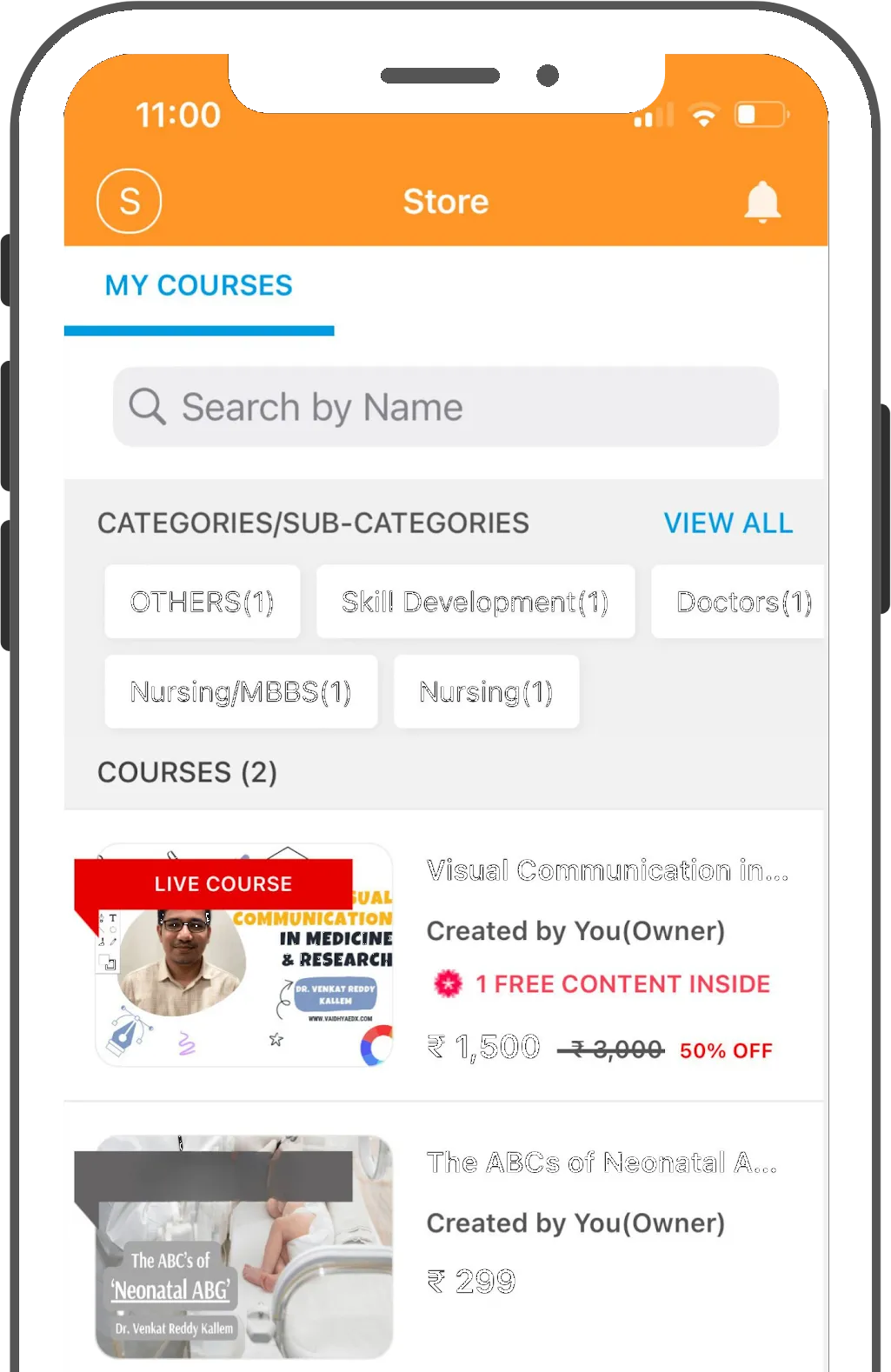 The Vaidhya Edu course store on a phone, listing courses and category chips