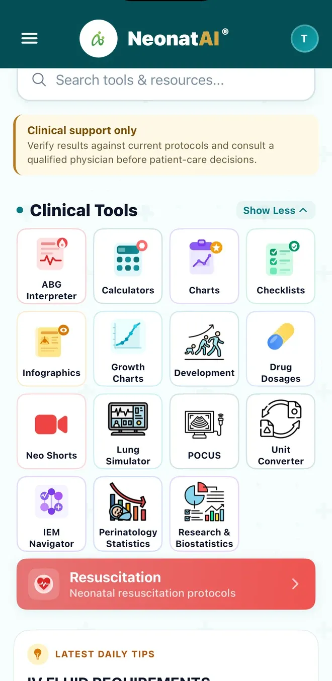 The NeonatAI home screen showing its grid of clinical tools