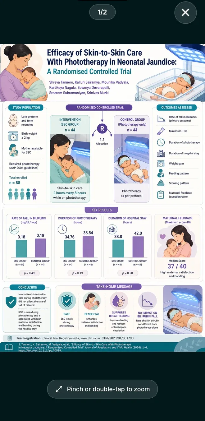 NeonatAI full-screen infographic viewer showing a randomised controlled trial summary on skin-to-skin care with phototherapy, with a pinch or double-tap to zoom hint.