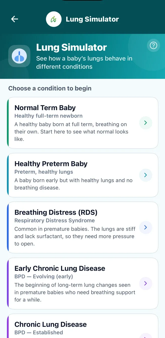 NeonatAI lung simulator screen offering normal term baby, healthy preterm baby, breathing distress RDS, early chronic lung disease and established chronic lung disease scenarios, each with a plain-language description.