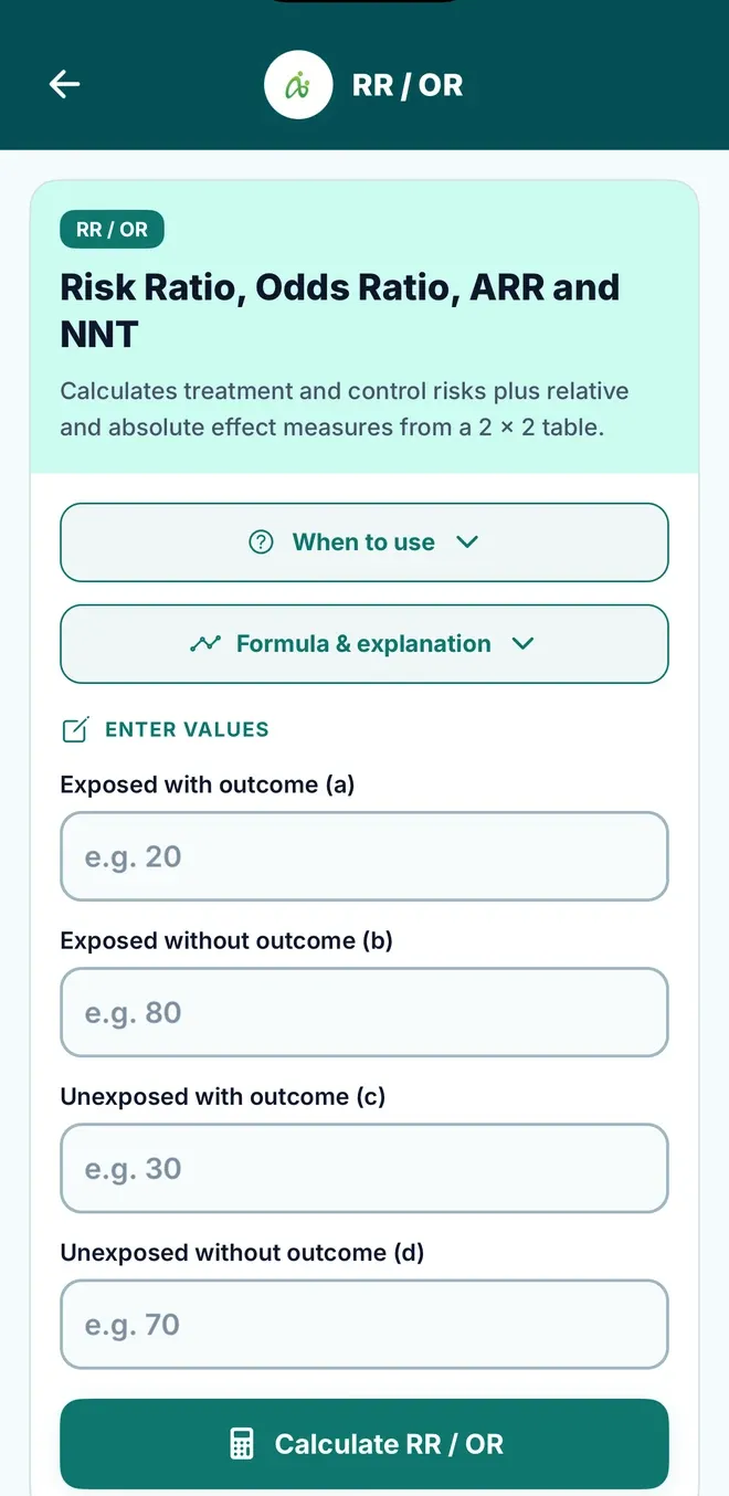 NeonatAI risk ratio, odds ratio, ARR and NNT calculator with a when-to-use panel, a formula and explanation panel, and four inputs for the cells of a two-by-two table.