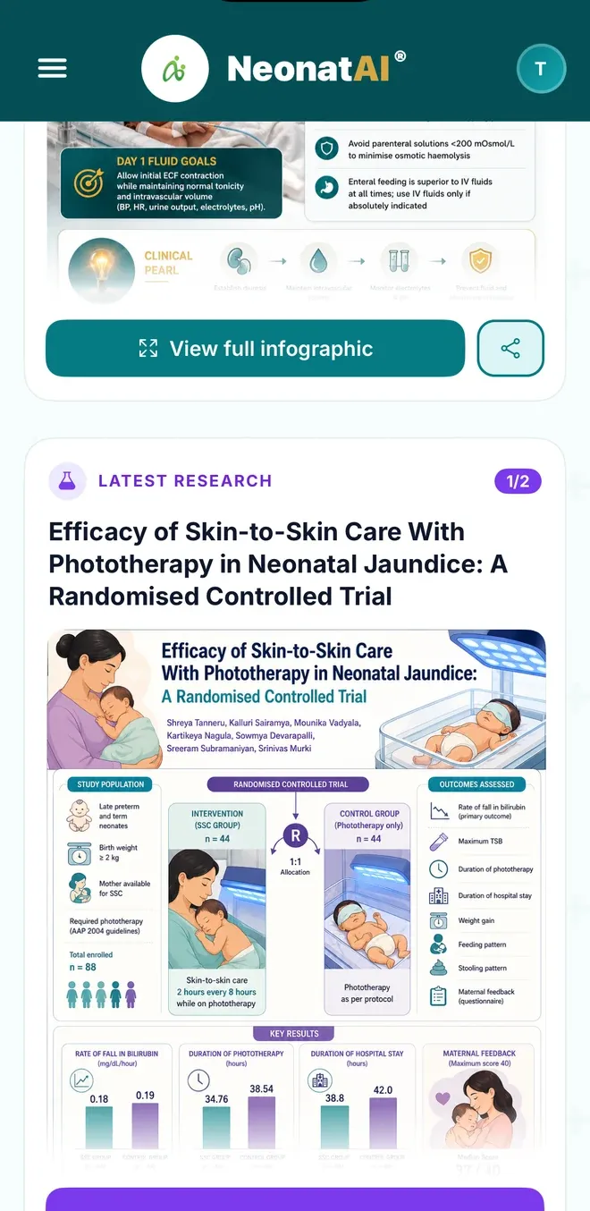 NeonatAI latest research card summarising a randomised controlled trial on the efficacy of skin-to-skin care with phototherapy in neonatal jaundice, with buttons to view the infographic and open the source article.
