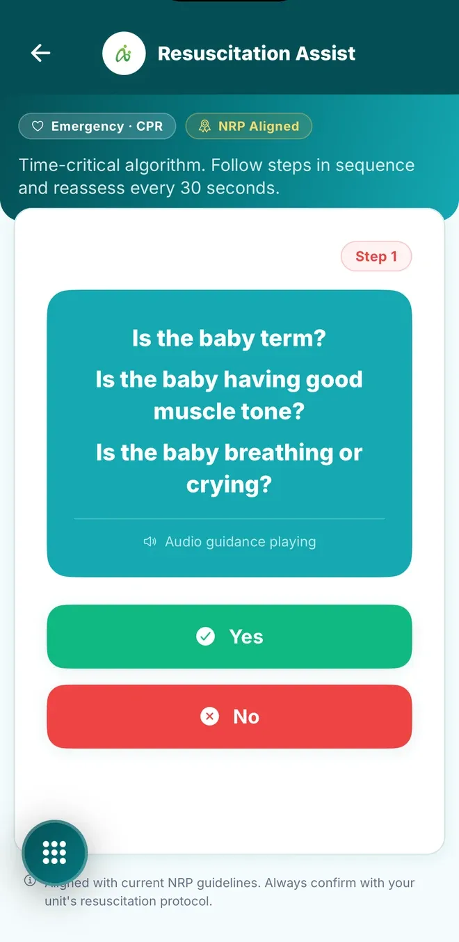 NeonatAI Resuscitation Assist at step 1 asking whether the baby is term, has good muscle tone and is breathing or crying, with audio guidance playing and large yes and no buttons.