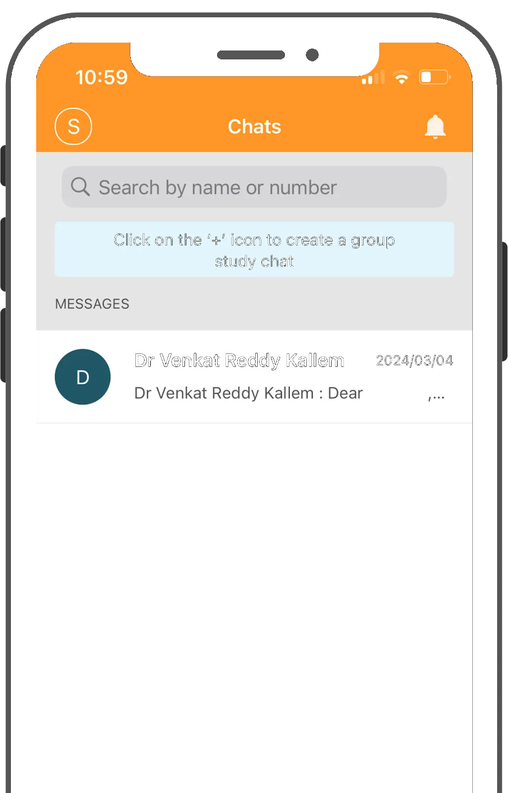 Vaidhya Edu chats screen with a prompt to create a group study chat and a message thread from Dr Venkat Reddy Kallem.